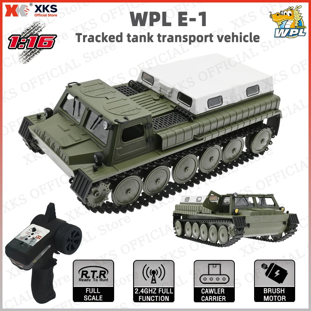 XKS WPL E-1 RC Tank 1/16 2.4G Remote Control 4WD Crawler Tracked Off-Road Climbing Vehicle Electric E1 RC Tank Toys Gift for Boy
