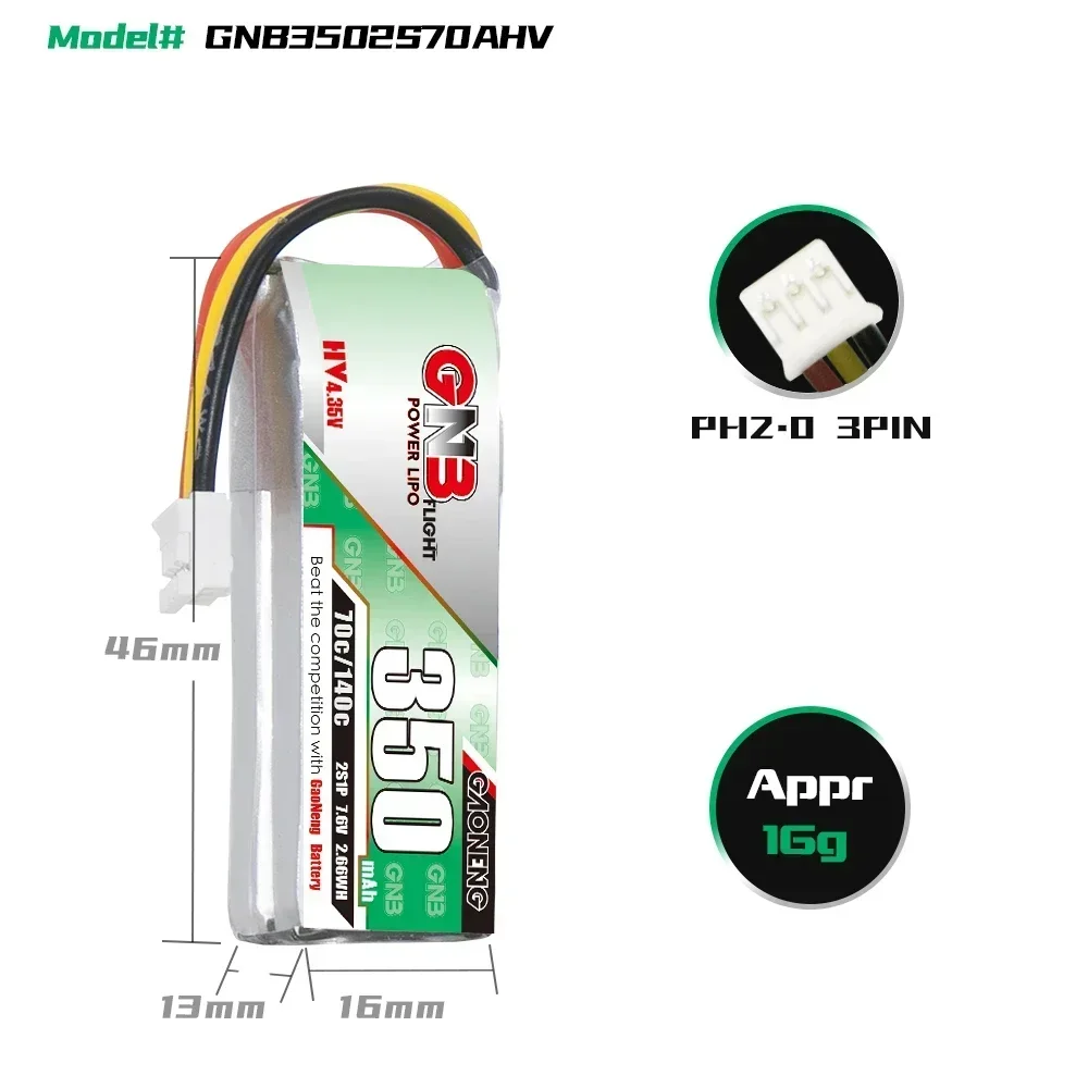 3-10PCS GNB Gaoneng 2S 350mah 7.6V 60C/120C Lipo Battery XT30 or PH2.0 Plug for BETAFPV Beta75X Tiny Whoop Drones Small Car - Image 5