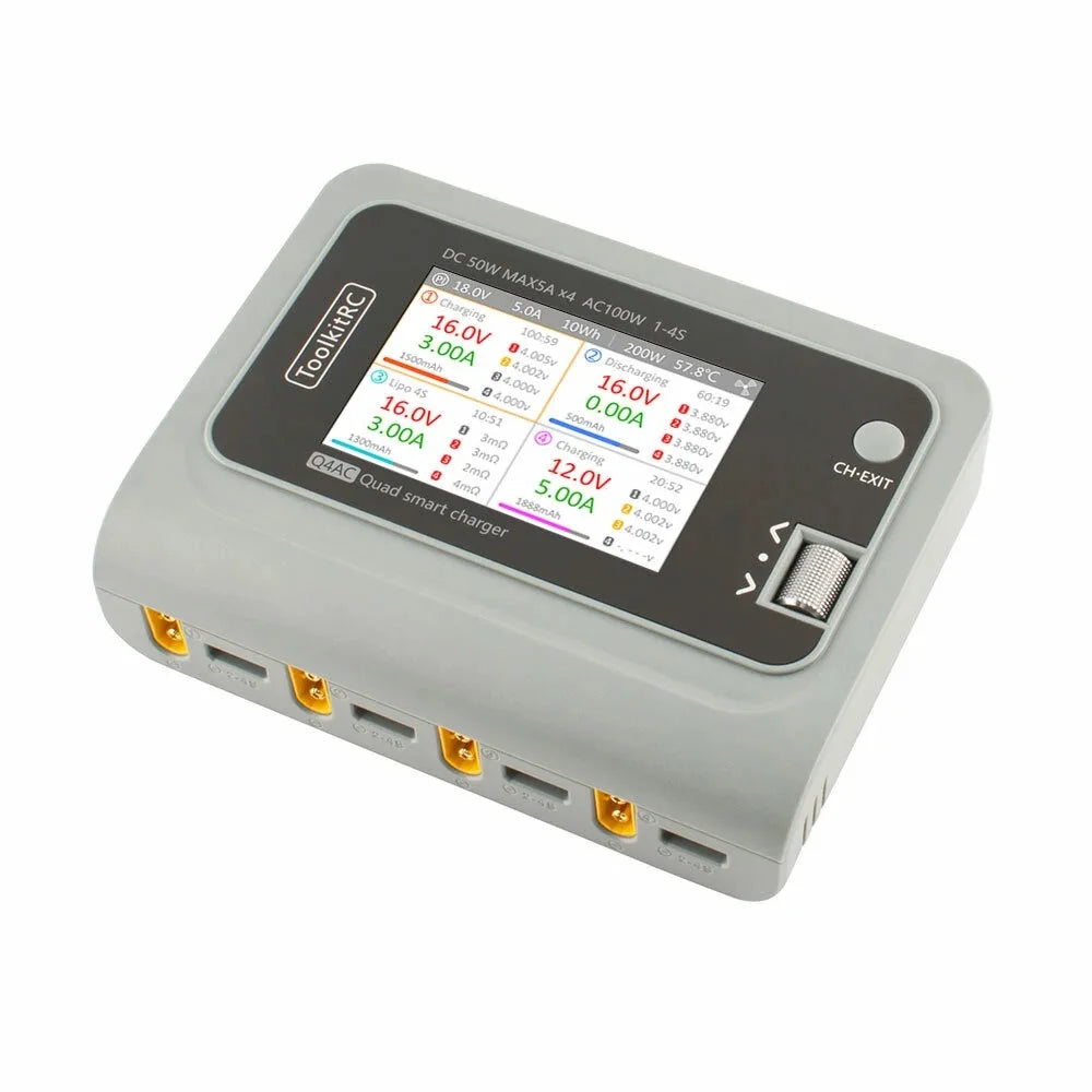 ToolkitRC Q4AC 4x50W 5A AC 100W 4 Ports DC Smart Charger Discharger XT60 for 1-4S Lipo Battery - Image 3